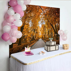 Lofaris Golden Autumn Forest Photography Backdrop with Paved Path Vibrant Natural Scenery Background for Fall Photoshoot