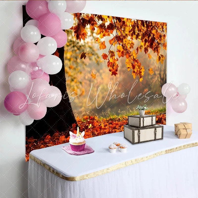 Lofaris Golden Autumn Leaves Photography Backdrop with Tree Trunk and Fallen Foliage Misty Forest Background for Seasonal Portrait