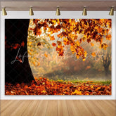 Lofaris Golden Autumn Leaves Photography Backdrop with Tree Trunk and Fallen Foliage Misty Forest Background for Seasonal Portrait
