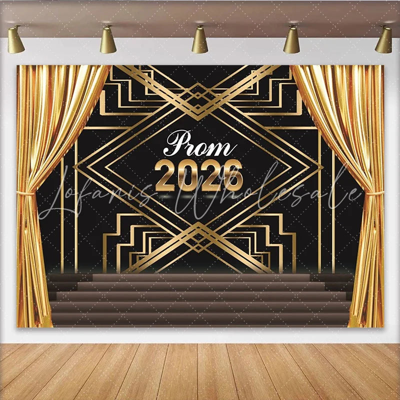 Lofaris Golden Curtains Prom Backdrop with Black and Gold Art Deco Pattern Elegant Stage Photography Background for Dance Party