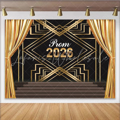 Lofaris Golden Curtains Prom Backdrop with Black and Gold Art Deco Pattern Elegant Stage Photography Background for Dance Party