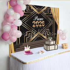 Lofaris Golden Curtains Prom Backdrop with Black and Gold Art Deco Pattern Elegant Stage Photography Background for Dance Party