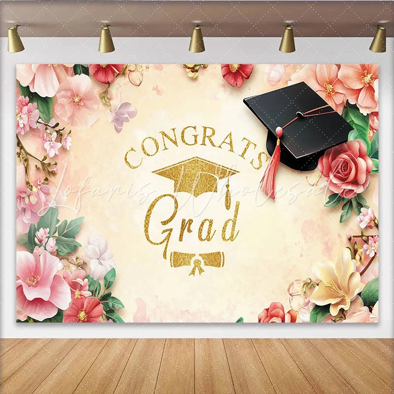 Lofaris Golden Glitter Congrats Grad Graduation Backdrop Elegant Floral Photo Booth Prop for Ceremony and Party Decor