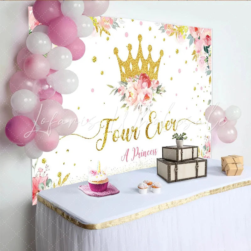 Lofaris Golden Glitter Crown Princess 4th Birthday Backdrop with Floral Design White Party Background for Girls Photoshoot