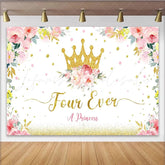 Lofaris Golden Glitter Crown Princess 4th Birthday Backdrop with Floral Design White Party Background for Girls Photoshoot