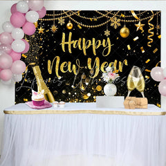 Lofaris Golden Glitter Happy New Year Backdrop with Champagne and Confetti Elegant Party Background for Festive Celebration