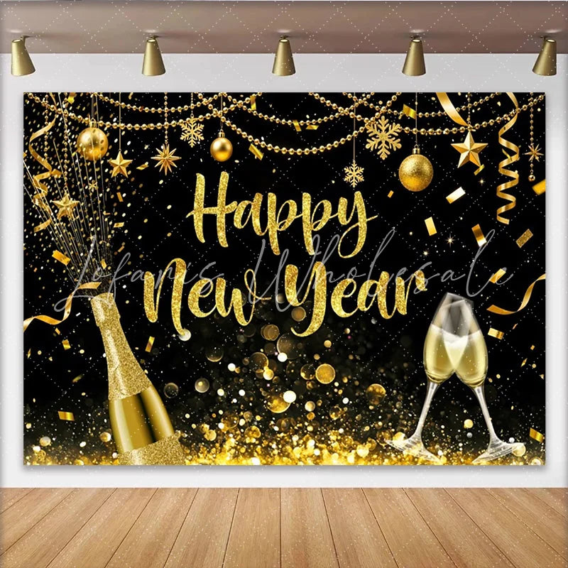 Lofaris Golden Glitter Happy New Year Backdrop with Champagne and Confetti Elegant Party Background for Festive Celebration