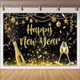 Lofaris Golden Glitter Happy New Year Backdrop with Champagne and Confetti Elegant Party Background for Festive Celebration