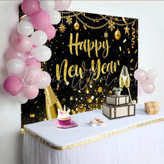 Lofaris Golden Glitter Happy New Year Backdrop with Champagne and Confetti Elegant Party Background for Festive Celebration