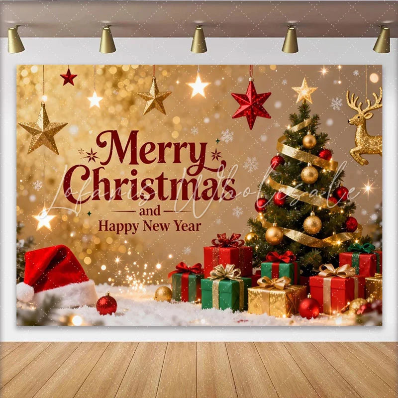 Lofaris Golden Glitter Merry Christmas and Happy New Year Party Backdrop with Tree and Gifts Festive Holiday Decor