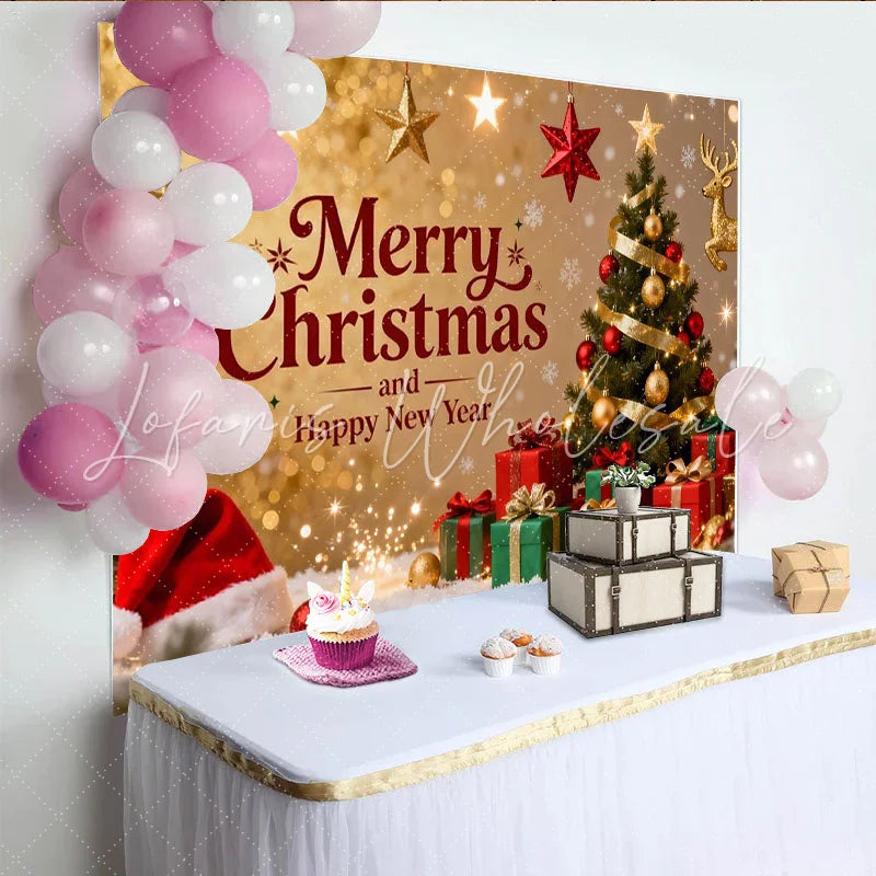 Lofaris Golden Glitter Merry Christmas and Happy New Year Party Backdrop with Tree and Gifts Festive Holiday Decor