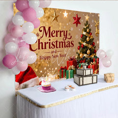 Lofaris Golden Glitter Merry Christmas and Happy New Year Party Backdrop with Tree and Gifts Festive Holiday Decor