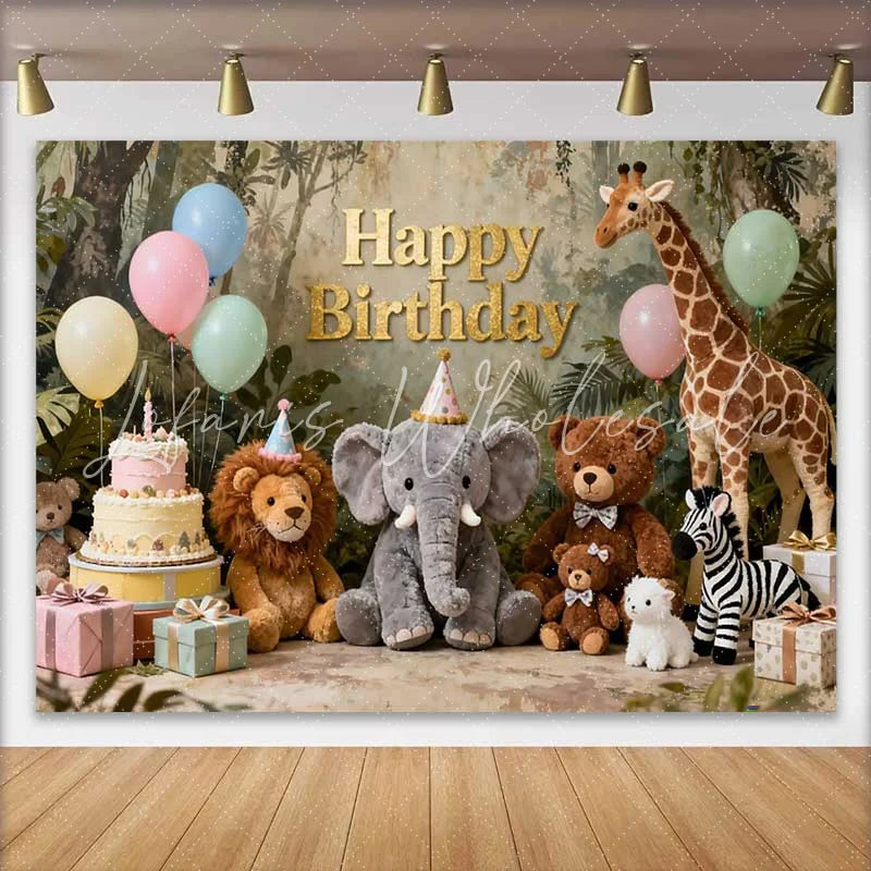 Lofaris Golden Happy Birthday Jungle Safari Animals Backdrop Whimsical Pastel Balloons and Cake Decor for Kids Parties