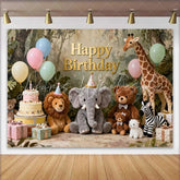 Lofaris Golden Happy Birthday Jungle Safari Animals Backdrop Whimsical Pastel Balloons and Cake Decor for Kids Parties