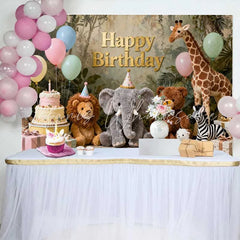 Lofaris Golden Happy Birthday Jungle Safari Animals Backdrop Whimsical Pastel Balloons and Cake Decor for Kids Parties