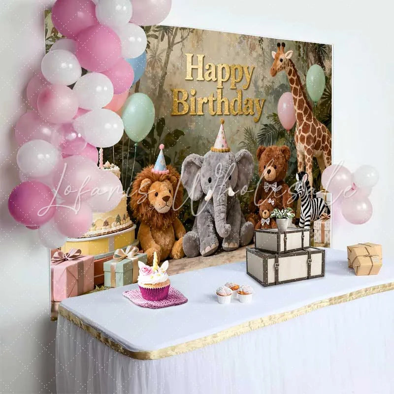 Lofaris Golden Happy Birthday Jungle Safari Animals Backdrop Whimsical Pastel Balloons and Cake Decor for Kids Parties