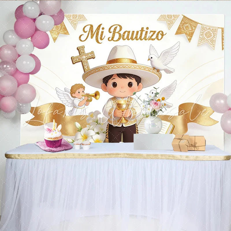 Lofaris Golden Mi Bautizo Baptism Backdrop with Cartoon Boy and Doves Elegant Photography Background for Religious Ceremony Decor