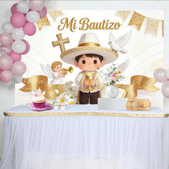Lofaris Golden Mi Bautizo Baptism Backdrop with Cartoon Boy and Doves Elegant Photography Background for Religious Ceremony Decor