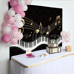 Lofaris Golden Musical Notes Piano Photography Backdrop Elegant Black Background for Studio Photoshoot and Party Decor