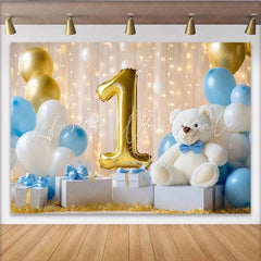 Lofaris Golden Number One and Teddy Bear First Birthday Party Backdrop Blue White Balloons Celebration Decor