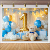 Lofaris Golden Number One Teddy Bear Party Backdrop Blue and White Balloons for Baby Boy First Birthday
