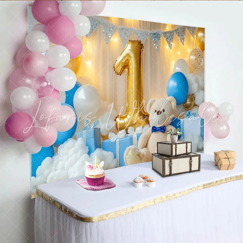 Lofaris Golden Number One Teddy Bear Party Backdrop Blue and White Balloons for Baby Boy First Birthday