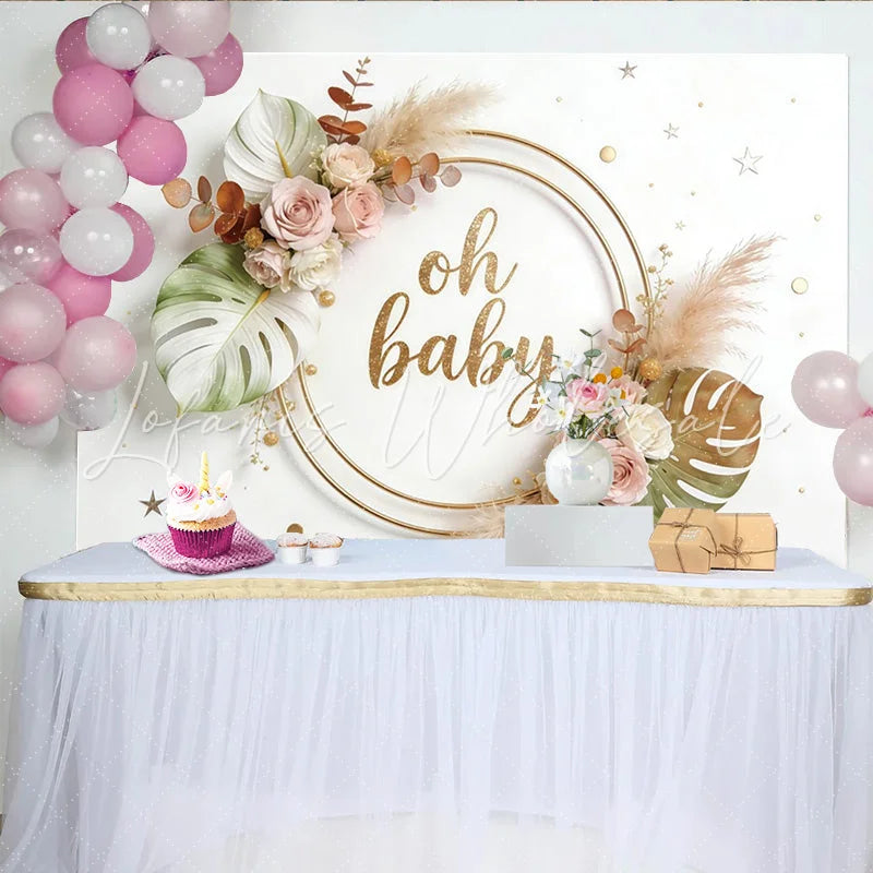 Lofaris Golden Oh Baby Boho Floral Baby Shower Backdrop with Roses and Pampas Grass Elegant Photography Background for Party Decor