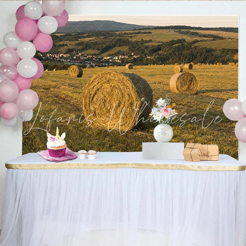 Lofaris Golden Sunset Countryside Hay Bales Autumn Backdrop Rustic Farm Field Background for Outdoor Portrait