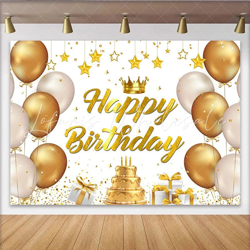 Lofaris Goldener Happy Birthday Hintergrund Luftballons und Torte für Geburtstage elegante Fotokulisse