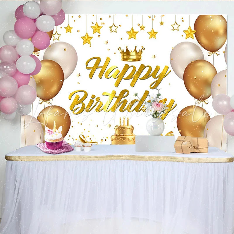 Lofaris Goldener Happy Birthday Hintergrund Luftballons und Torte für Geburtstage elegante Fotokulisse