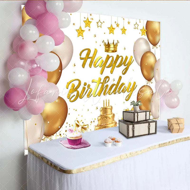 Lofaris Goldener Happy Birthday Hintergrund Luftballons und Torte für Geburtstage elegante Fotokulisse