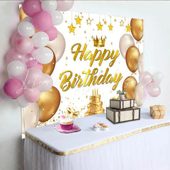 Lofaris Goldener Happy Birthday Hintergrund Luftballons und Torte für Geburtstage elegante Fotokulisse