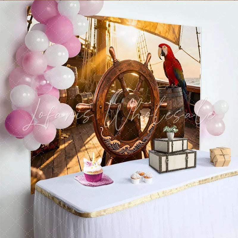 Lofaris Goldener Piratenschiff-Deck-Hintergrund mit Steuerrad Papagei und Schatzkisten für Abenteuer-Partys Fotokulisse