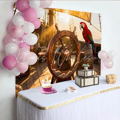 Lofaris Goldener Piratenschiff-Deck-Hintergrund mit Steuerrad Papagei und Schatzkisten für Abenteuer-Partys Fotokulisse