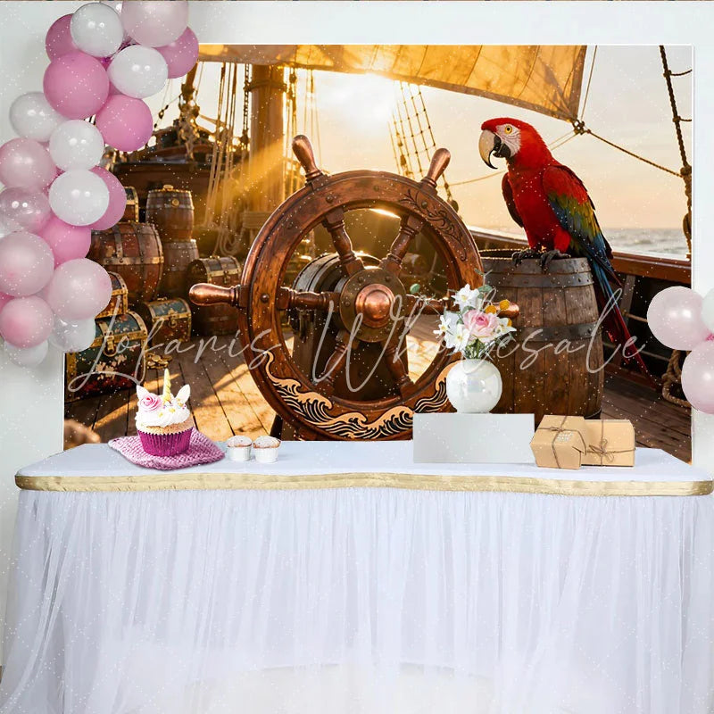 Lofaris Goldener Piratenschiff-Deck-Hintergrund mit Steuerrad Papagei und Schatzkisten für Abenteuer-Partys Fotokulisse