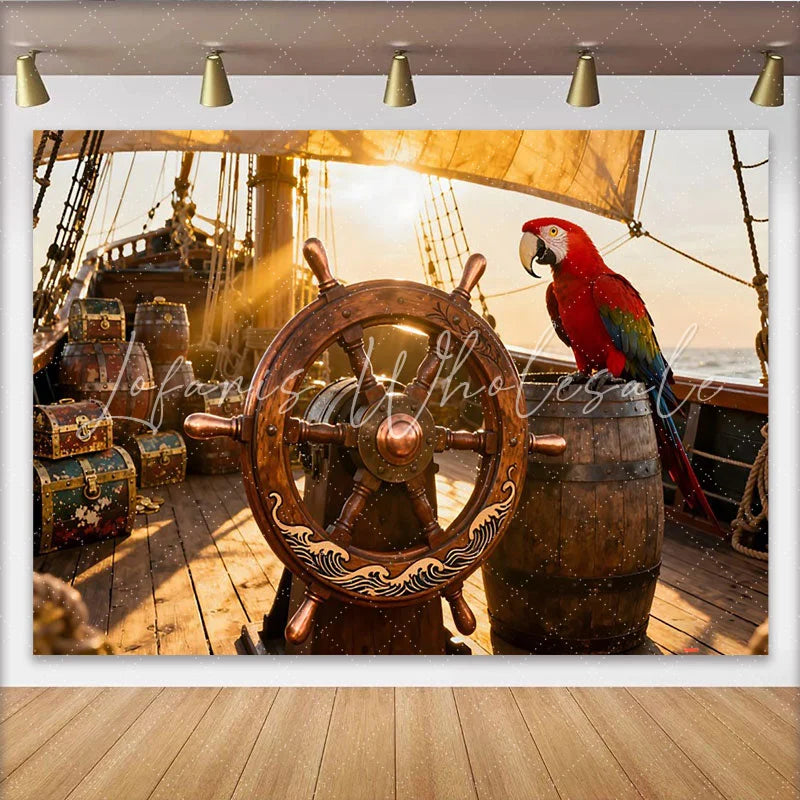 Lofaris Goldener Piratenschiff-Deck-Hintergrund mit Steuerrad Papagei und Schatzkisten für Abenteuer-Partys Fotokulisse