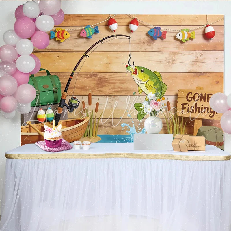 Lofaris Gone Fishing Birthday Backdrop with Wooden Wall and Jumping Fish Outdoor Themed Party Background for Photoshoot