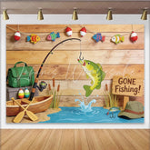 Lofaris Gone Fishing Birthday Backdrop with Wooden Wall and Jumping Fish Outdoor Themed Party Background for Photoshoot