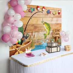 Lofaris Gone Fishing Birthday Backdrop with Wooden Wall and Jumping Fish Outdoor Themed Party Background for Photoshoot