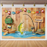 Lofaris Gone Fishing Photography Backdrop with Wooden Wall and Boat Scene Outdoor Themed Studio Background for Party Decoration Props
