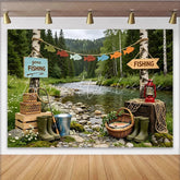 Lofaris Gone Fishing River Scenery Photography Backdrop with Green Trees Outdoor Fishing Theme Background for Studio Photoshoot