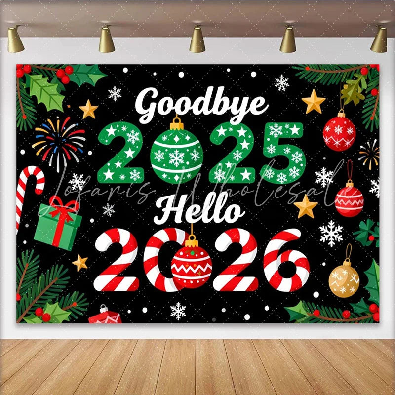 Lofaris Goodbye 2025 Hello 2026 New Year and Christmas Party Backdrop Festive Winter Holiday Decor