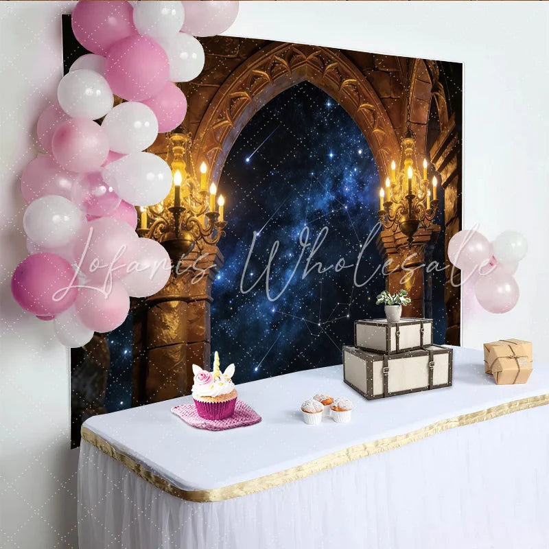 Lofaris Gothic Arch Starry Night Photography Backdrop with Chandeliers Celestial Castle Background for Professional Studio Portraits