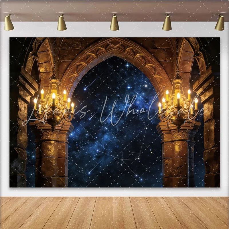 Lofaris Gothic Arch Starry Night Photography Backdrop with Chandeliers Celestial Castle Background for Professional Studio Portraits