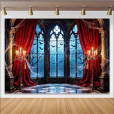 Lofaris Gothic Halloween Backdrop with Red Curtains and Bats Spooky Candelabra Window Background for Party Decor