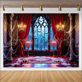 Lofaris Gothic Haunted House Halloween Backdrop with Bats and Spiderwebs Red Velvet Curtains and Rose Petals for Party Decor