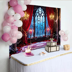 Lofaris Gothic Haunted House Halloween Backdrop with Bats and Spiderwebs Red Velvet Curtains and Rose Petals for Party Decor