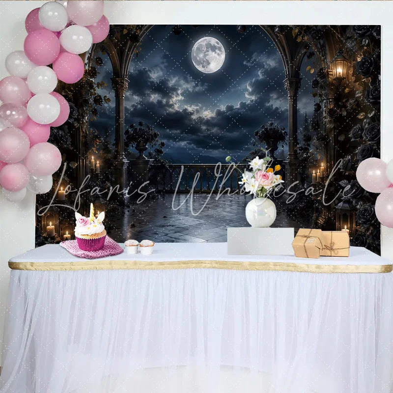 Lofaris Gothic Moonlit Photography Backdrop with Dark Roses and Arches Elegant Night Scene Background for Portrait and Event Decor.