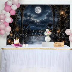 Lofaris Gothic Moonlit Photography Backdrop with Dark Roses and Arches Elegant Night Scene Background for Portrait and Event Decor.