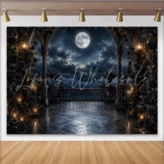 Lofaris Gothic Moonlit Photography Backdrop with Dark Roses and Arches Elegant Night Scene Background for Portrait and Event Decor.